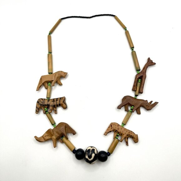 Vintage Hand-Carved Wooden Safari Animal Necklace Tribal Folk Art Statement - Picture 2 of 6